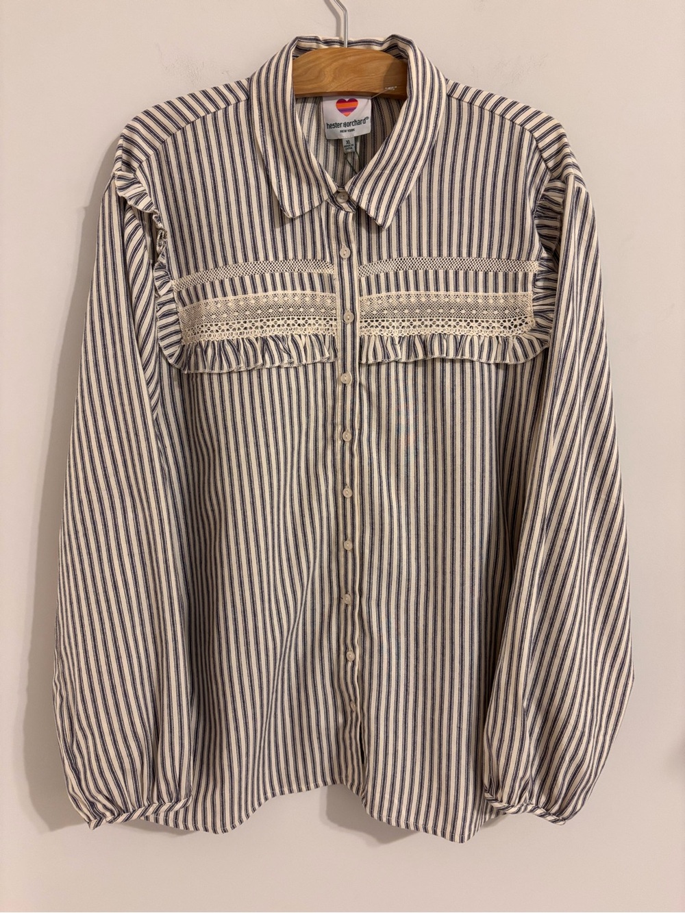 Hester & Orchard NWT Blue Ticking pattern prairie blouse